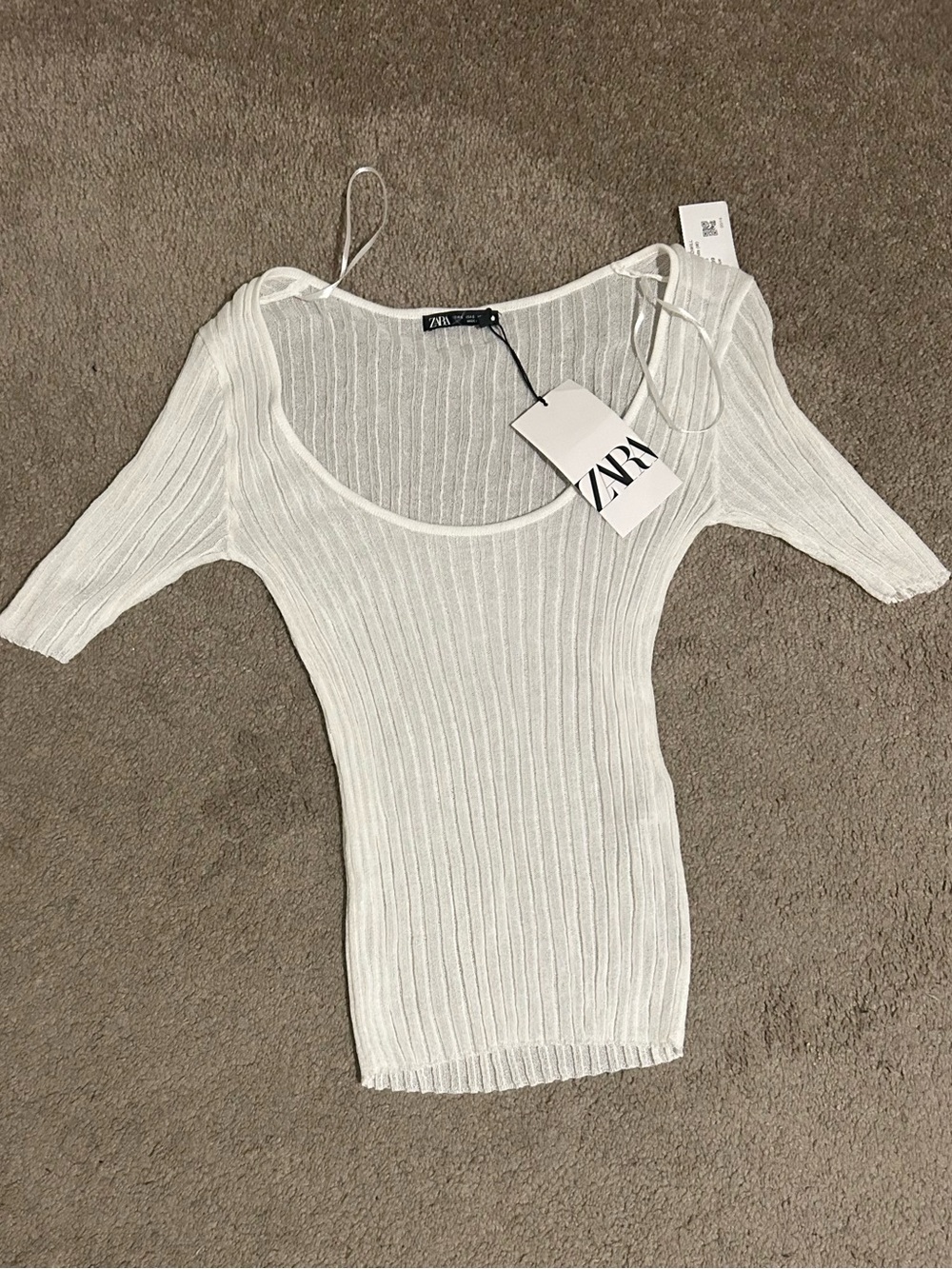 ZARA White Lightweight Ribbed Knit Scoop Neck Top